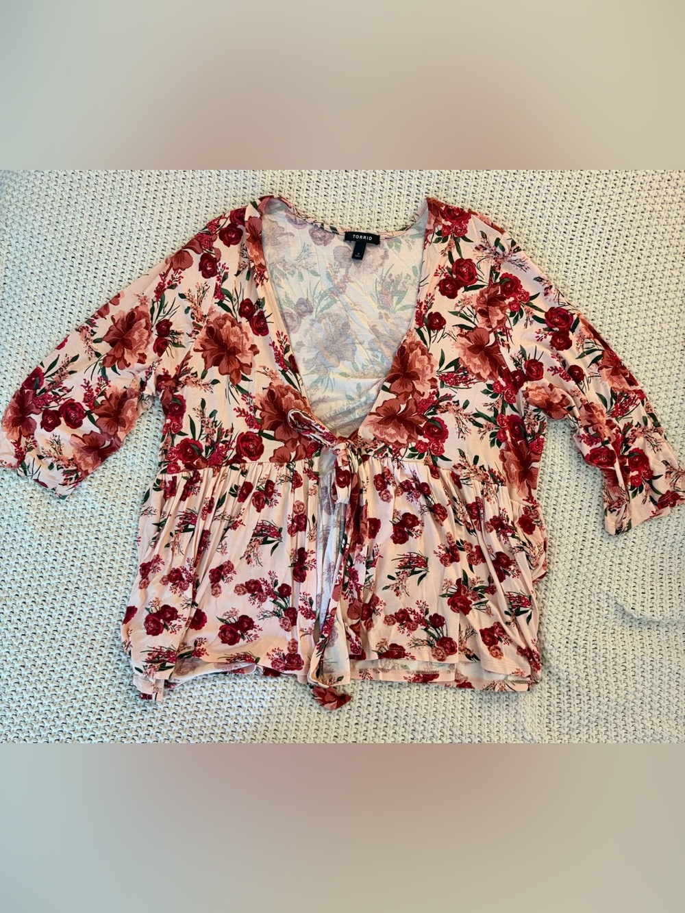 Torrid Pink and Red Floral Tie Front Babydoll Top